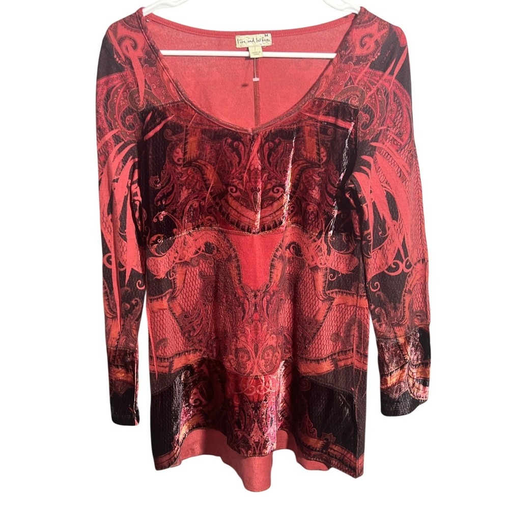 Live and Let Live Women's Red‎ Black Medallion Print Long Sleeve Blouse Top M